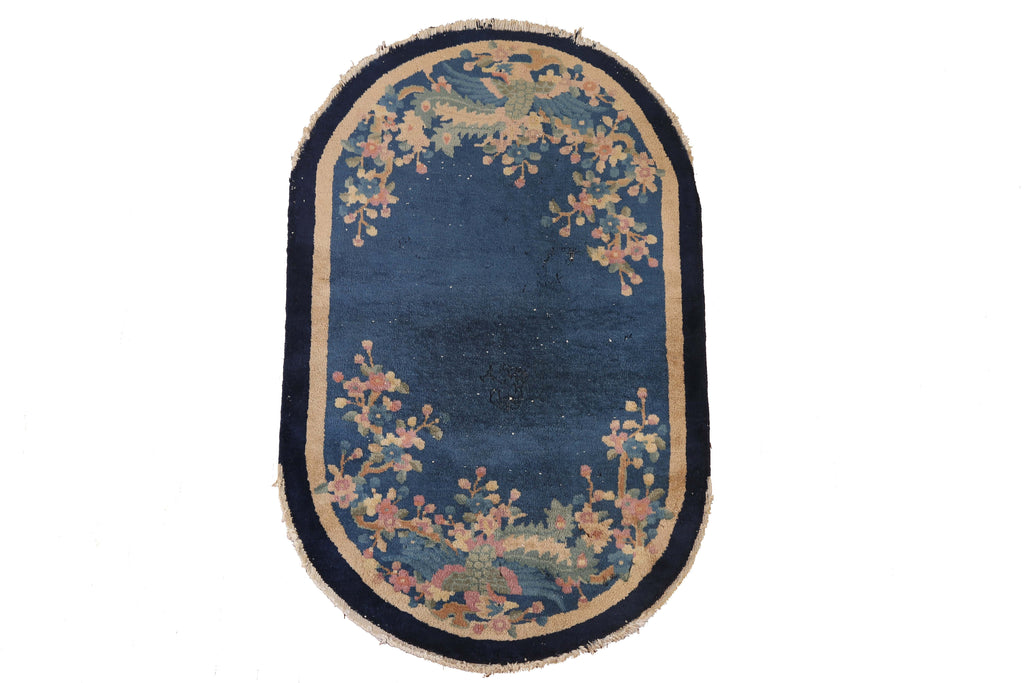 Blue Floral Art Deco Nichols Oval Area Rug 3x5