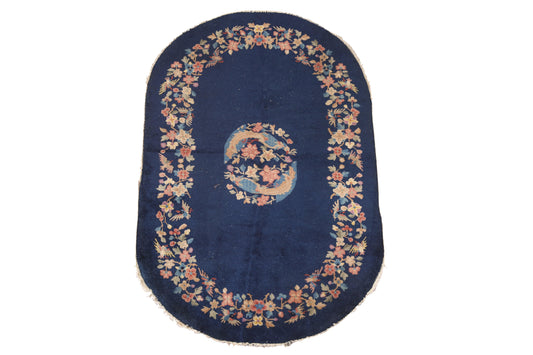 Navy Blue Art Deco Nichols Oval Vegetable Dye Area Rug 4x6