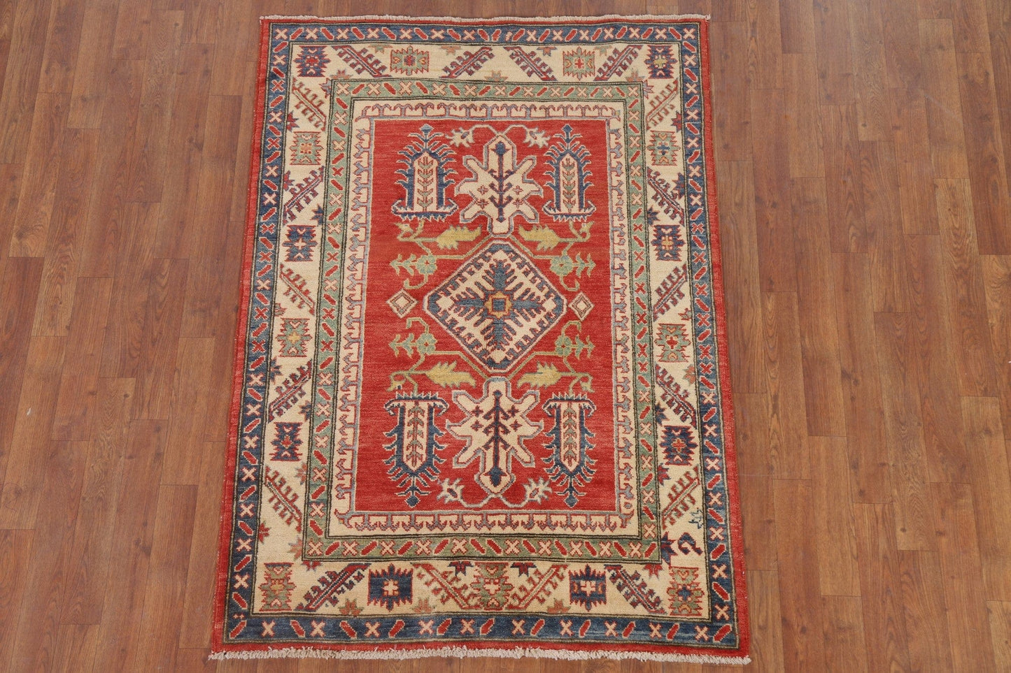 Geometric Red Kazak Oriental Area Rug 4x5