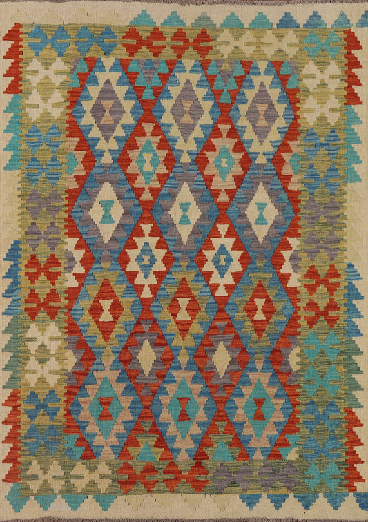 Geometric Kilim Reversible Wool Area Rug 5x7