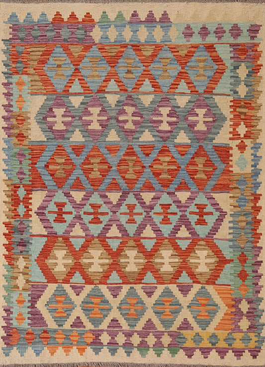 Colorful Kilim Reversible Wool Area Rug 5x6