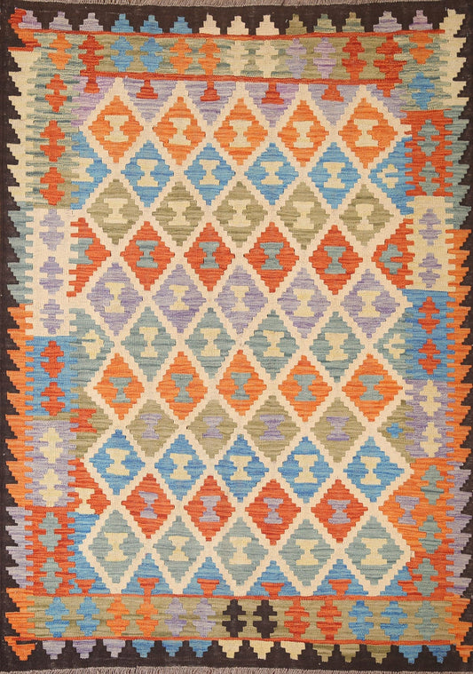 Geometric Kilim Reversible Wool Area Rug 5x6