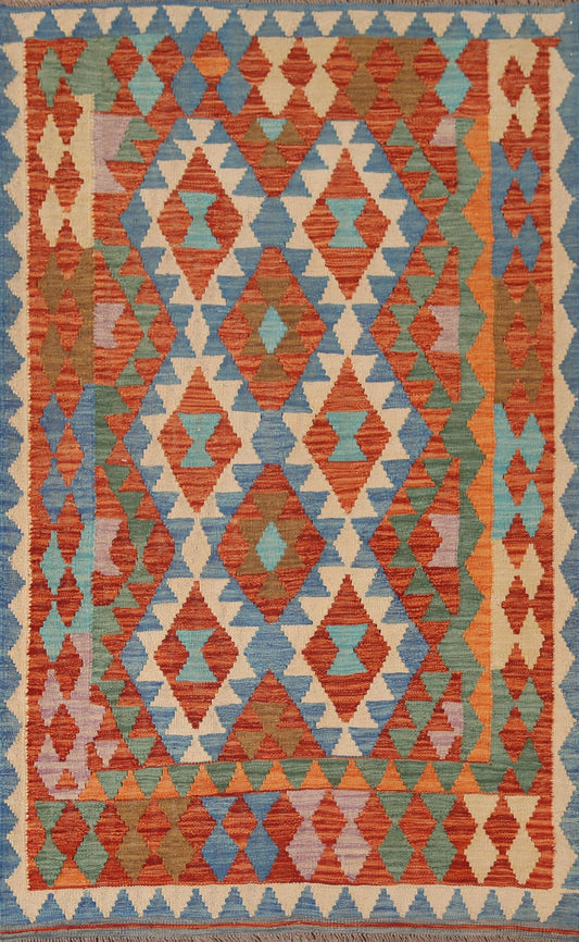 Geometric Kilim Reversible Wool Area Rug 4x7