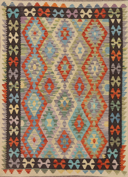 Geometric Kilim Reversible Wool Area Rug 5x6