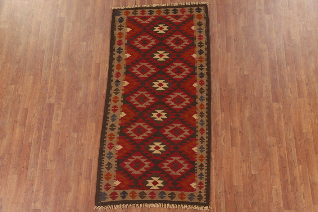 Geometric Kilim Reversible Wool Runner Rug 3x7