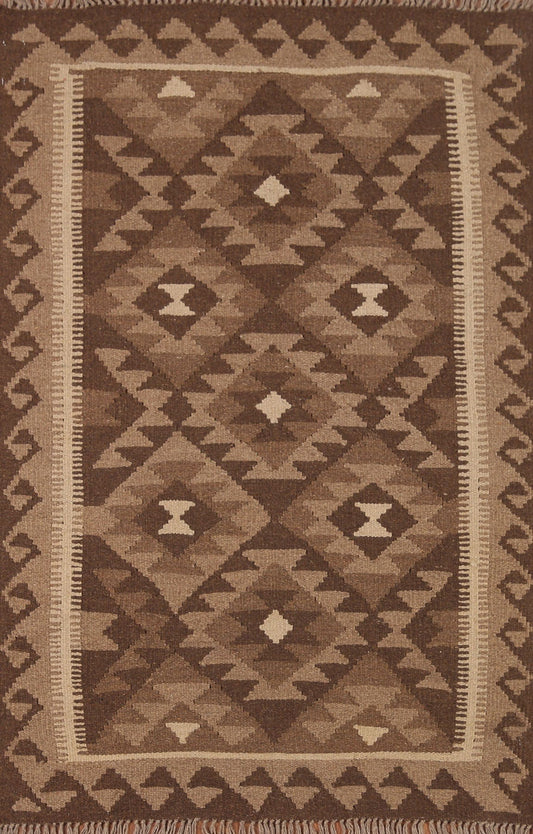 Brown Wool Kilim Geometric Area Rug 3x5