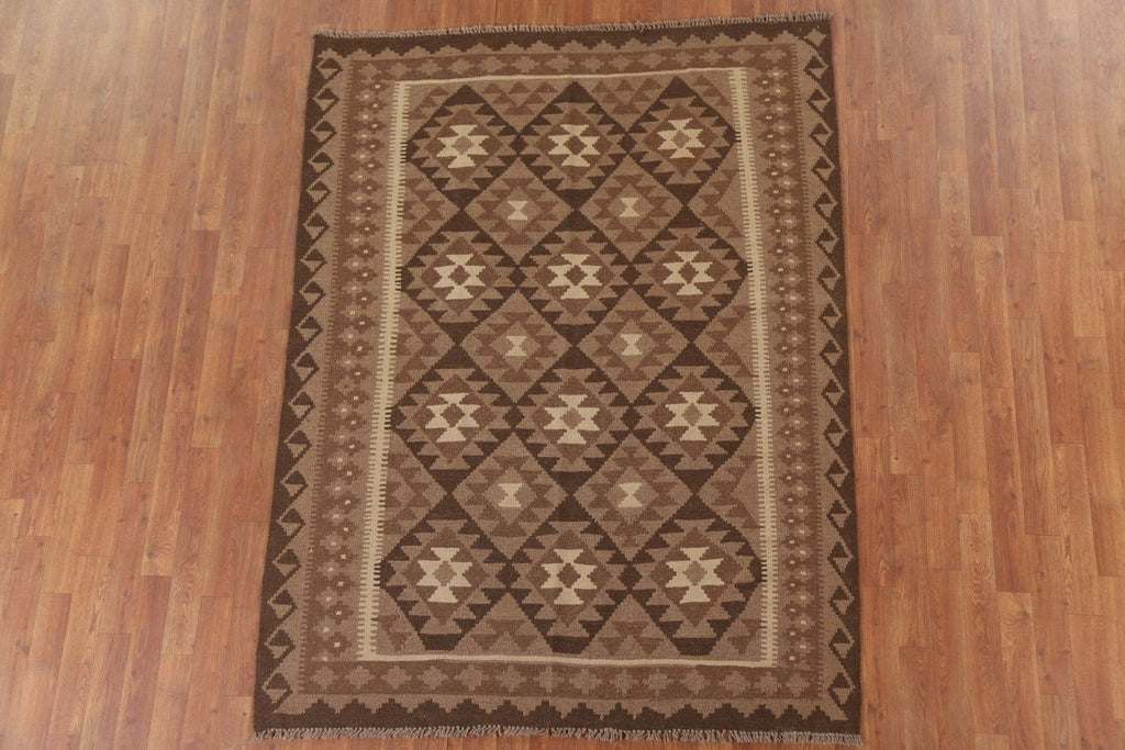 Brown Kilim Reversible Wool Area Rug 5x7