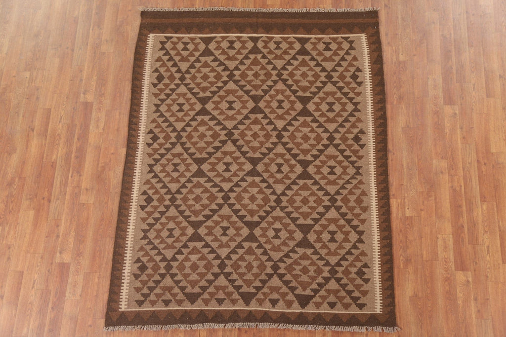 Reversible Wool Kilim Brown Area Rug 5x6