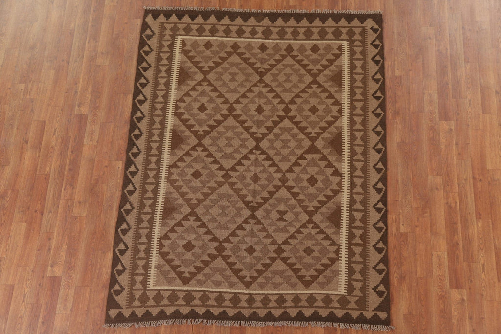 Brown Wool Kilim Oriental Area Rug 5x6