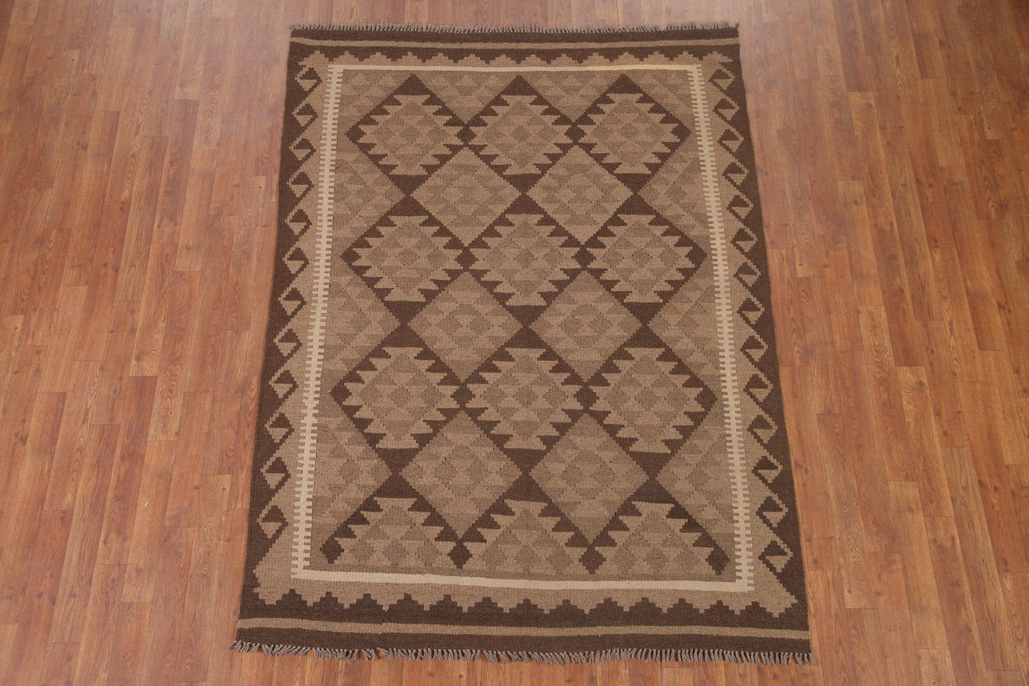 Geometric Kilim Brown Wool Area Rug 5x7