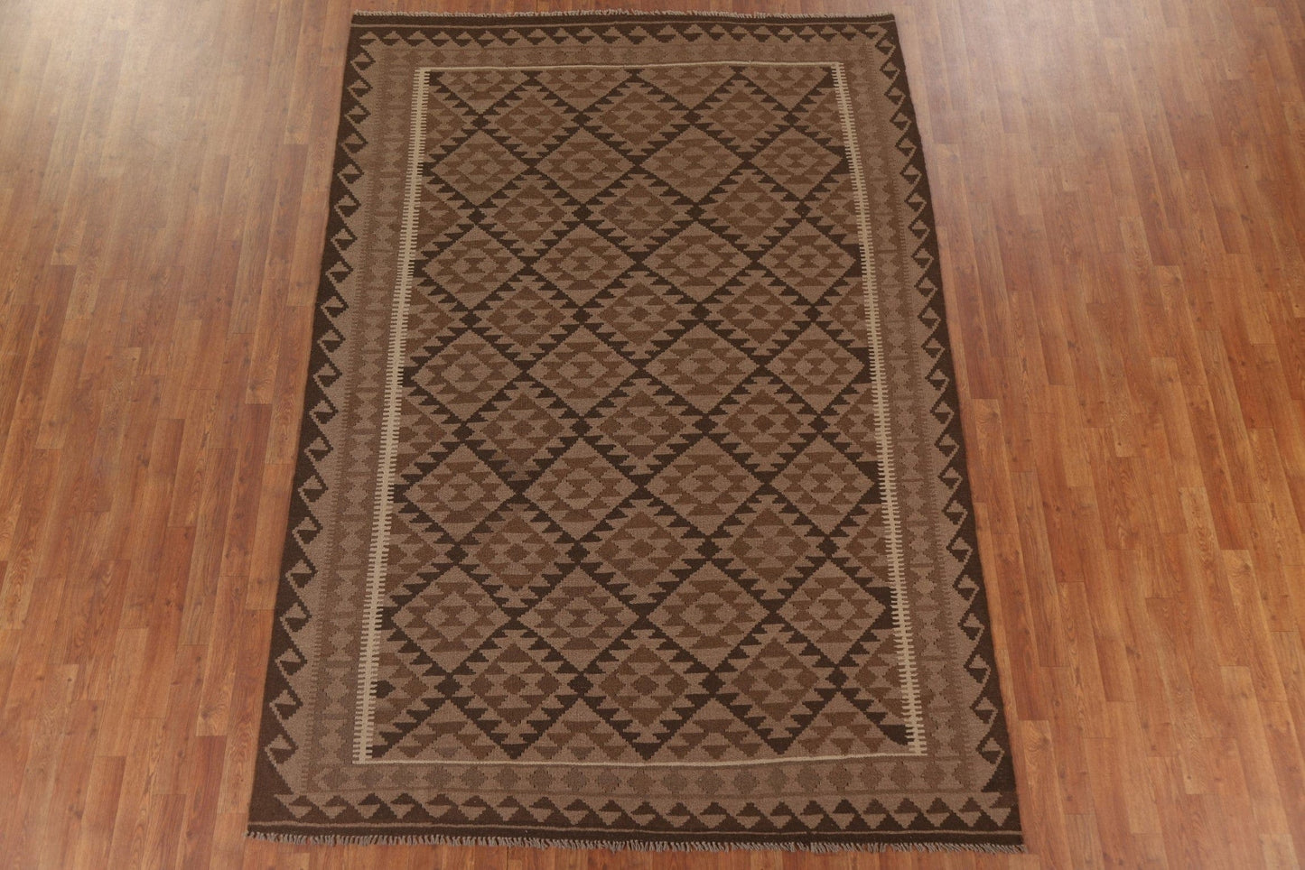 Geometric Wool Kilim Brown Area Rug 7x10