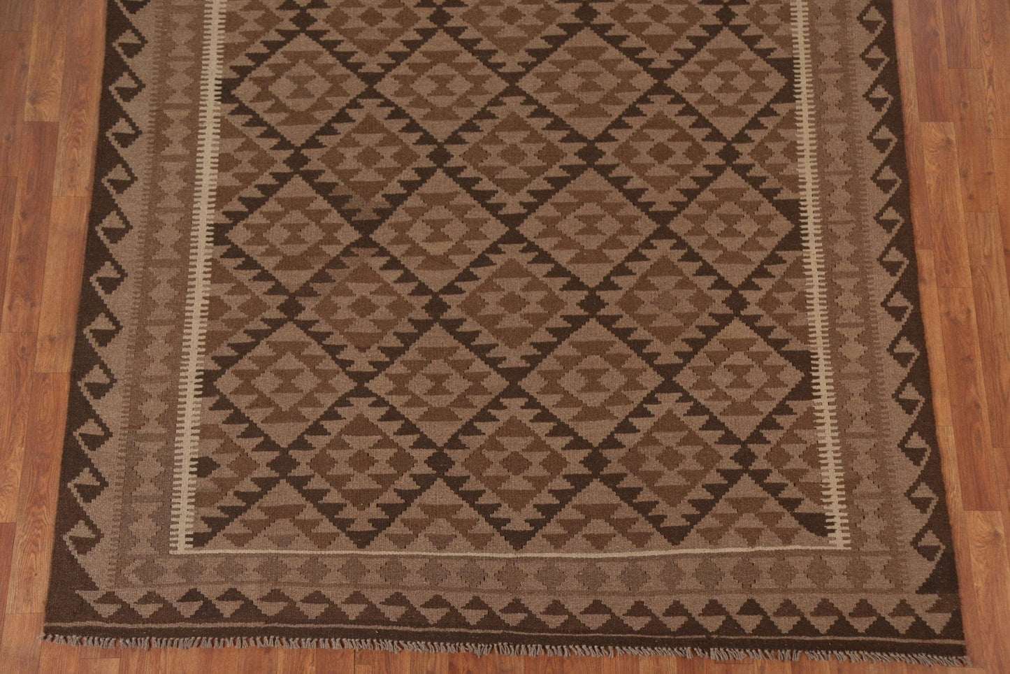 Geometric Wool Kilim Brown Area Rug 7x10