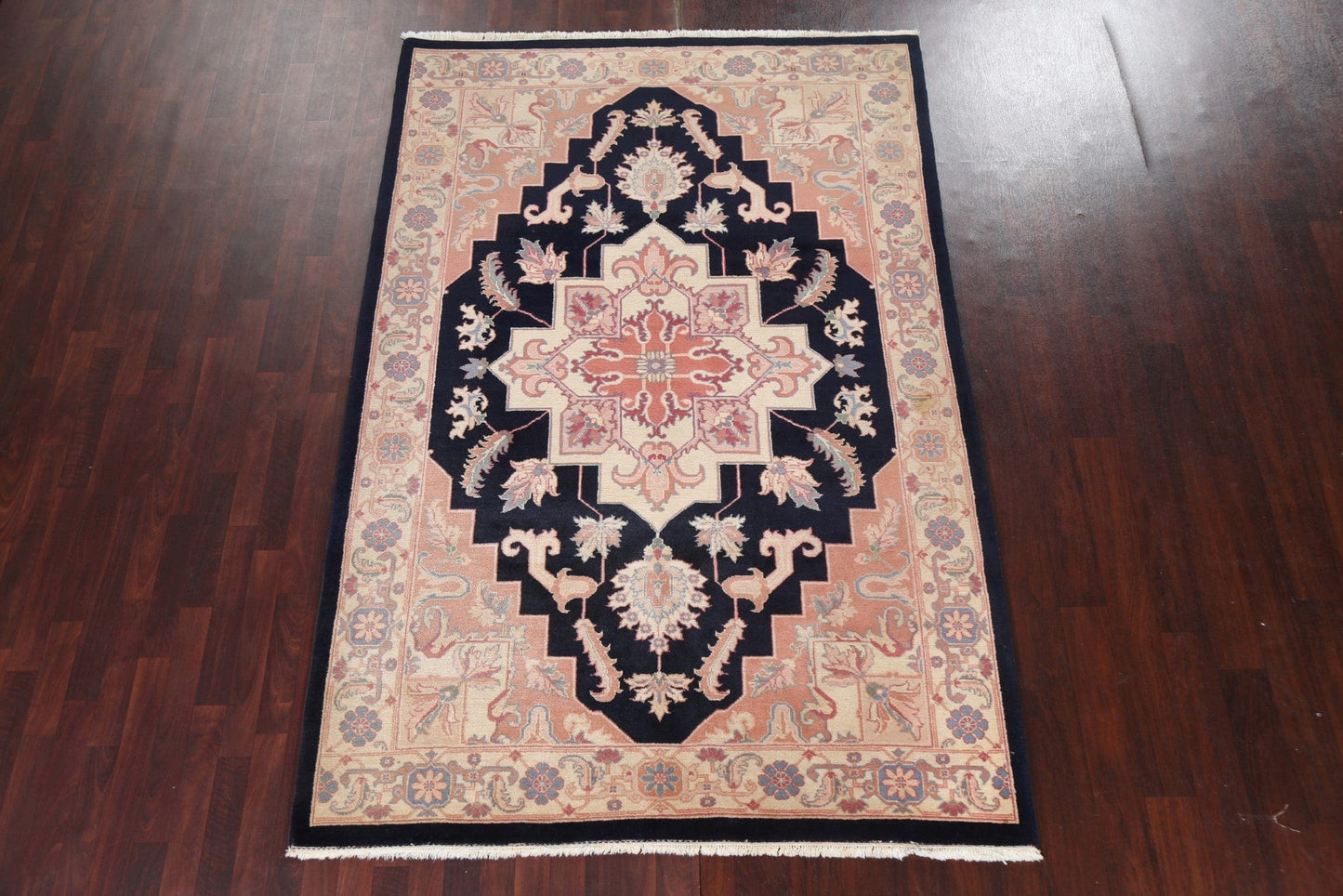 Navy Blue Geometric Heriz Oriental Wool Rug 6x9