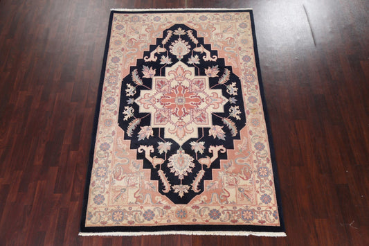 Navy Blue Geometric Heriz Oriental Wool Rug 6x9