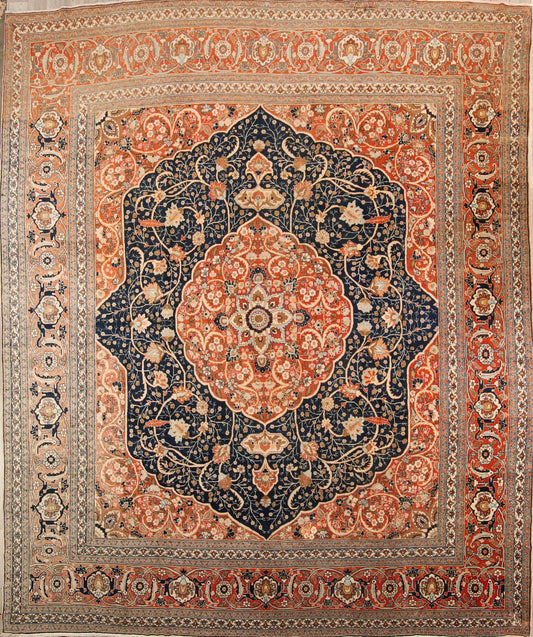 Pre-1900 Antique Geometric Vegetable Dye Authentic Tabriz Haji Jalili Persian Orange/Navy Blue 13x16 Rug