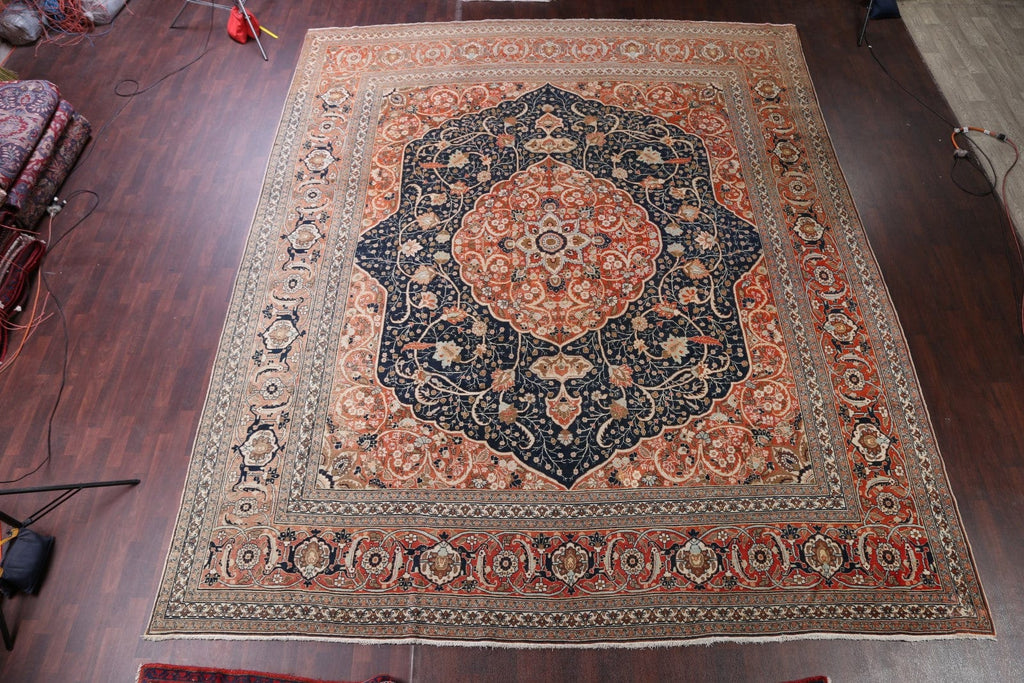 Pre-1900 Antique Geometric Vegetable Dye Authentic Tabriz Haji Jalili Persian Orange/Navy Blue 13x16 Rug