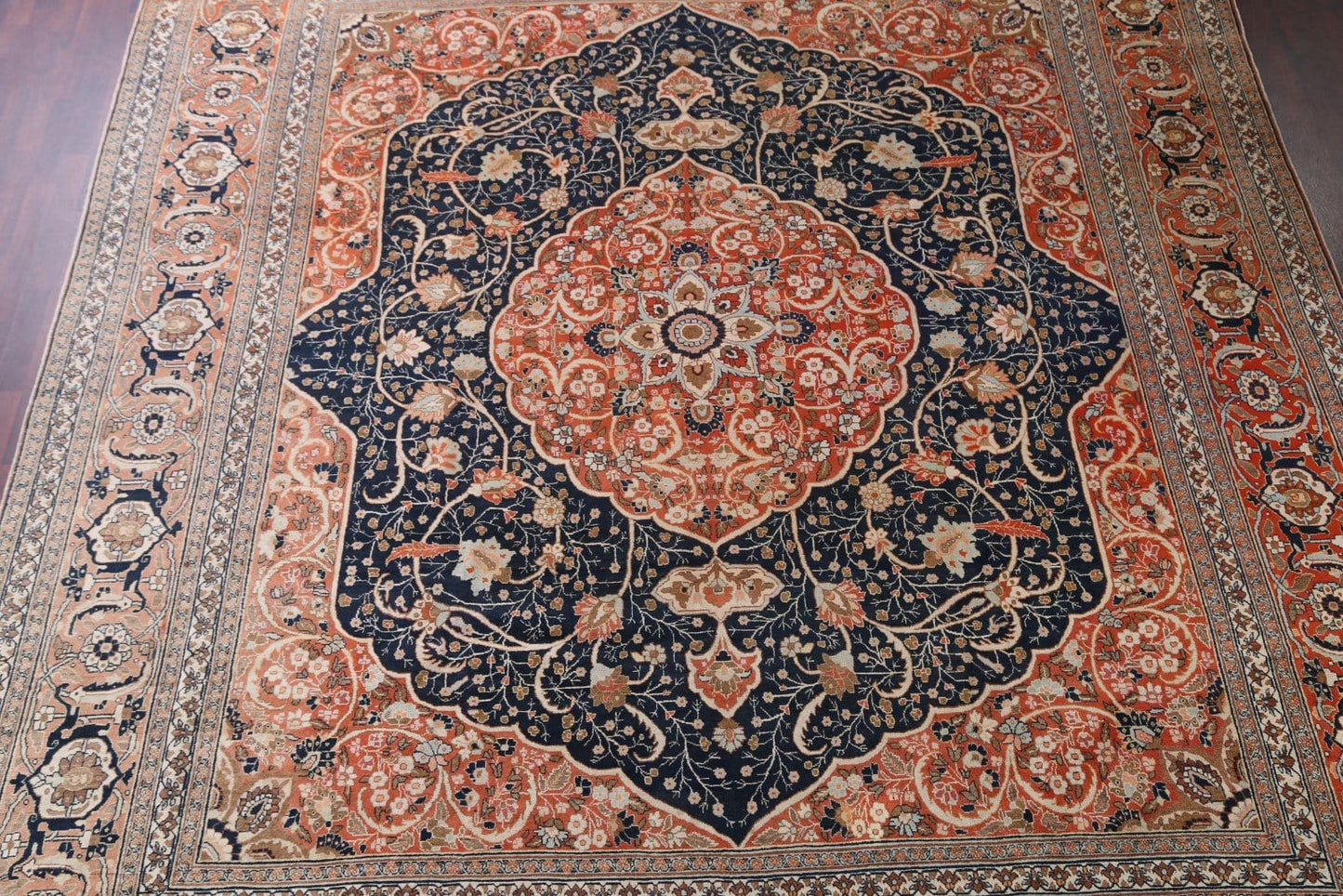 Pre-1900 Antique Geometric Vegetable Dye Authentic Tabriz Haji Jalili Persian Orange/Navy Blue 13x16 Rug