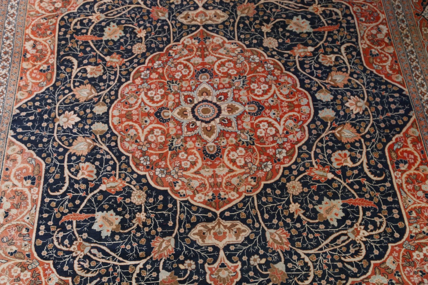 Pre-1900 Antique Geometric Vegetable Dye Authentic Tabriz Haji Jalili Persian Orange/Navy Blue 13x16 Rug