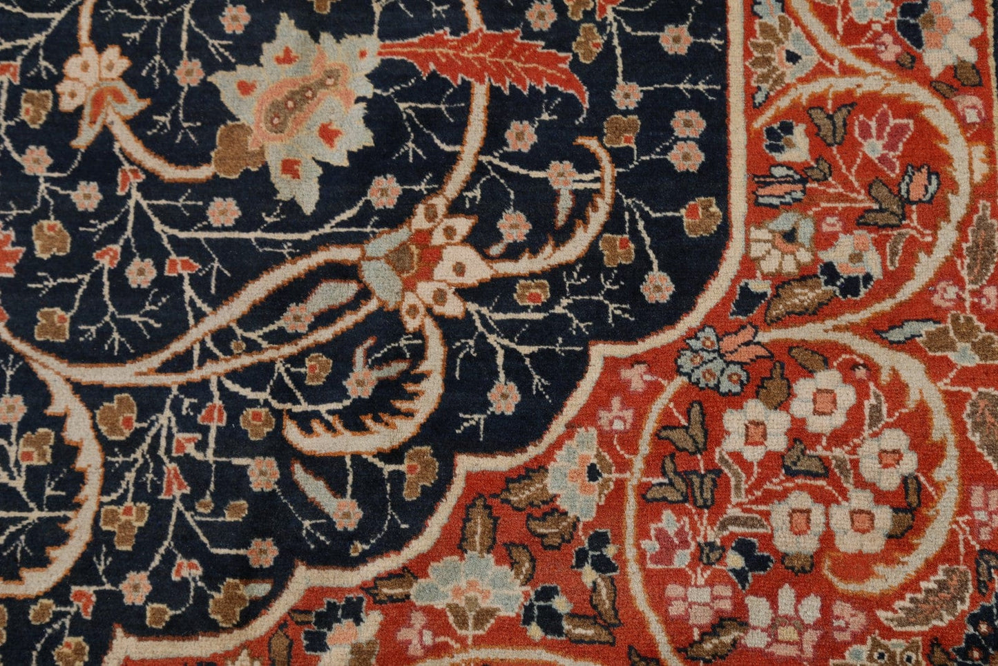 Pre-1900 Antique Geometric Vegetable Dye Authentic Tabriz Haji Jalili Persian Orange/Navy Blue 13x16 Rug