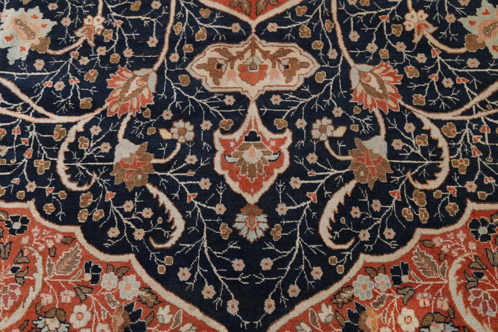 Pre-1900 Antique Geometric Vegetable Dye Authentic Tabriz Haji Jalili Persian Orange/Navy Blue 13x16 Rug