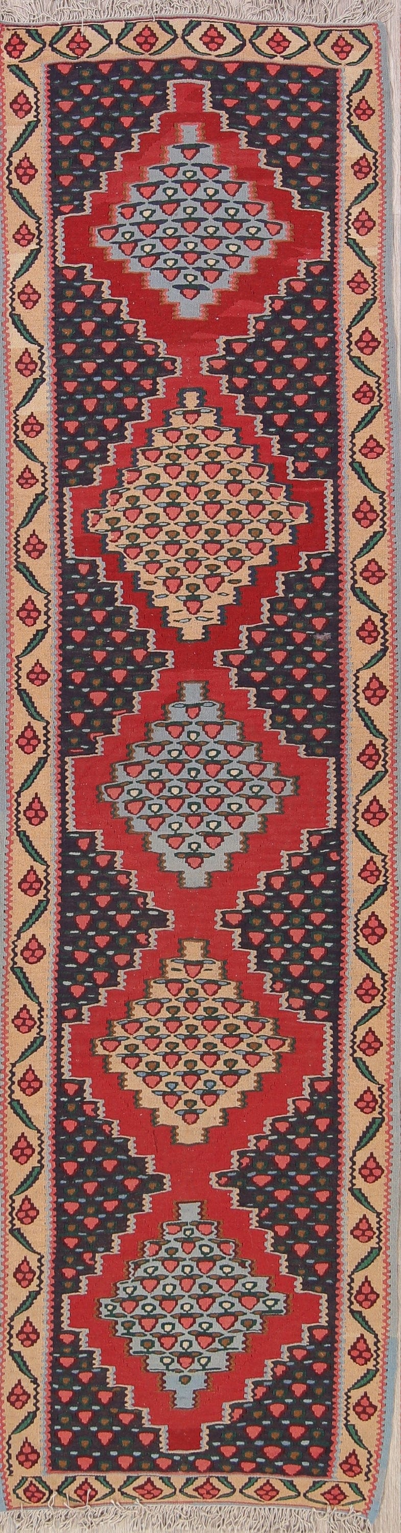 Geometric 2x9 Kilim Sanandaj Bidar Persian Rug Runner