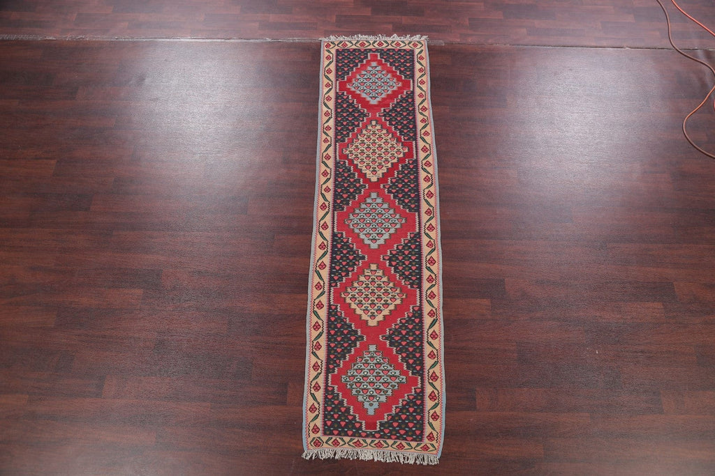 Geometric 2x9 Kilim Sanandaj Bidar Persian Rug Runner