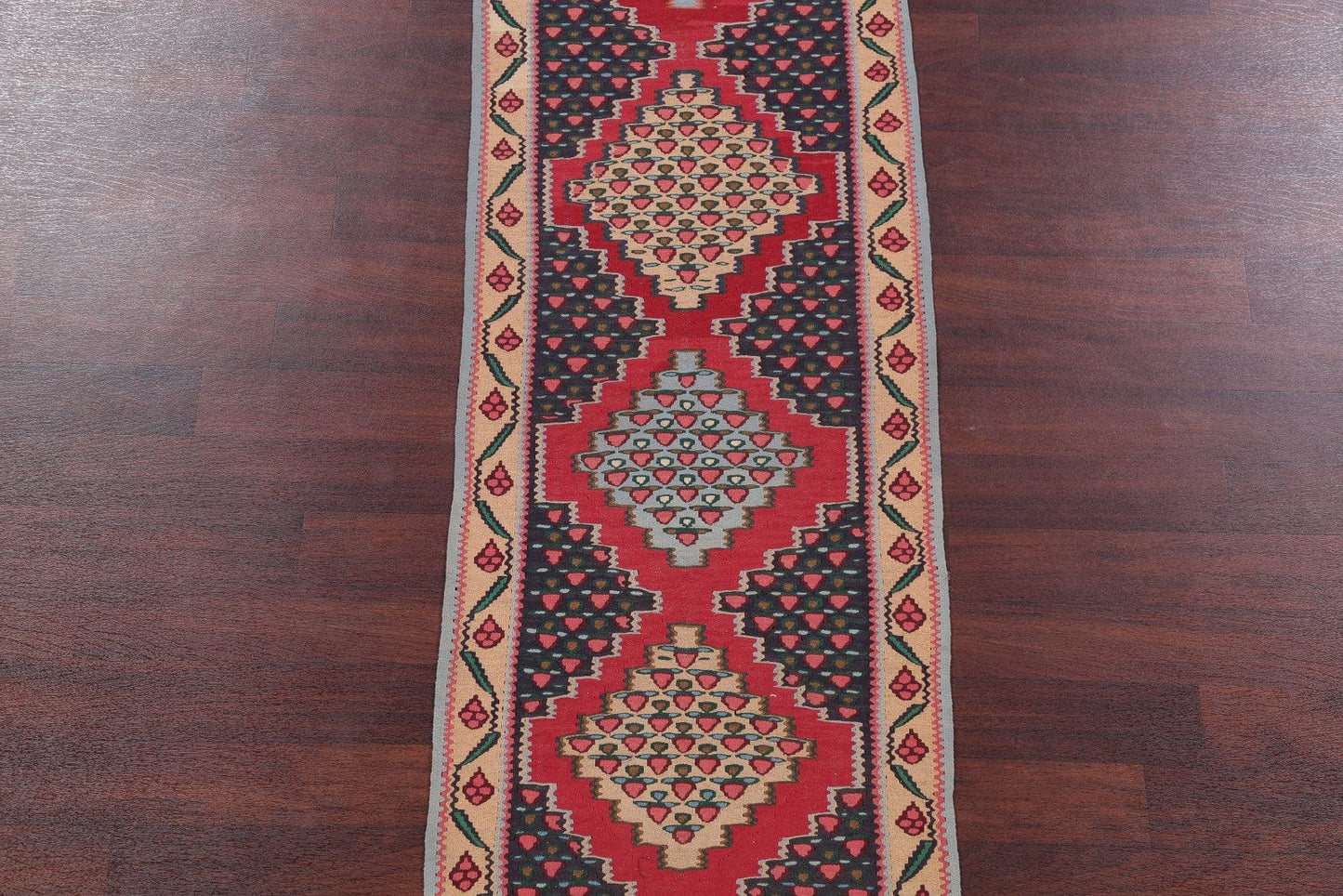 Geometric 2x9 Kilim Sanandaj Bidar Persian Rug Runner