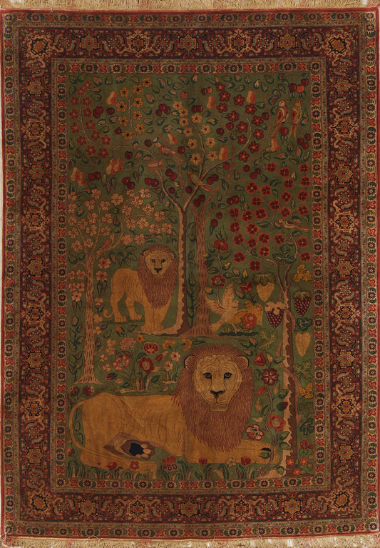 Master-Piece Vegetable Dye Lion Pictorial Senneh Bidjar Haftrang Persian Hand-Knotted 5x7 Wall-Hanging Rug