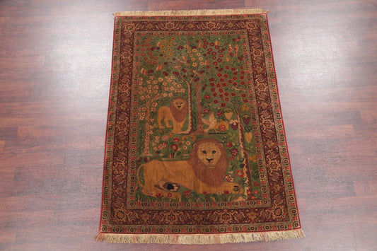 Master-Piece Vegetable Dye Lion Pictorial Senneh Bidjar Haftrang Persian Hand-Knotted 5x7 Wall-Hanging Rug