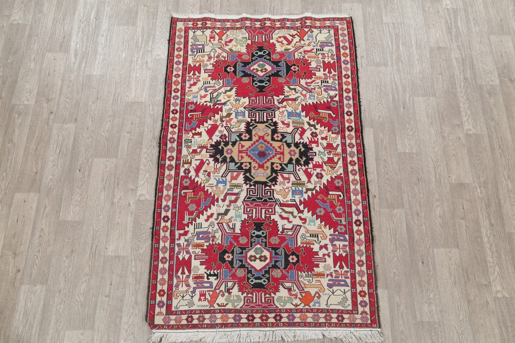 Pictorial 4x7 Kilim Sumak Persian Area Rug