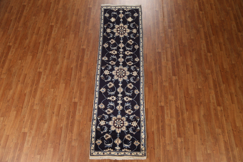 Navy Blue Nain Isfahan Persian Runner Rug 3x9