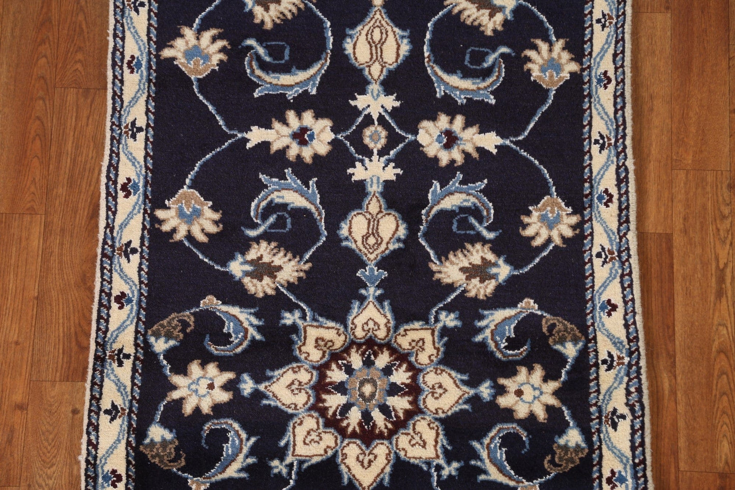 Navy Blue Nain Isfahan Persian Runner Rug 3x9