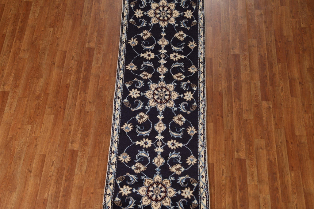 Navy Blue Nain Isfahan Persian Runner Rug 3x9