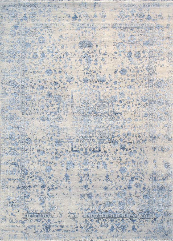 Pasargad Home Transitional Collection Hand Knotted Bsilk & Wool Area Rug, 8' 5" X 11' 8", Silver/Blue