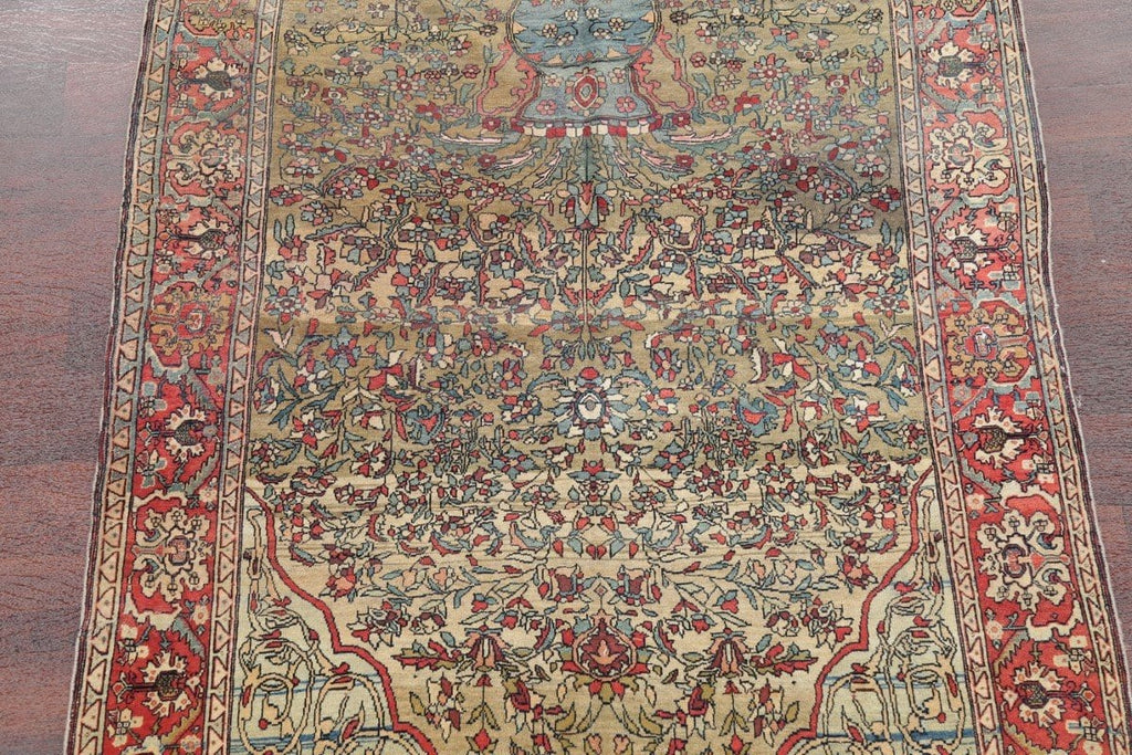 Antique Green Pictorial Kashan Mohtasham Persian Area Rug 4x6