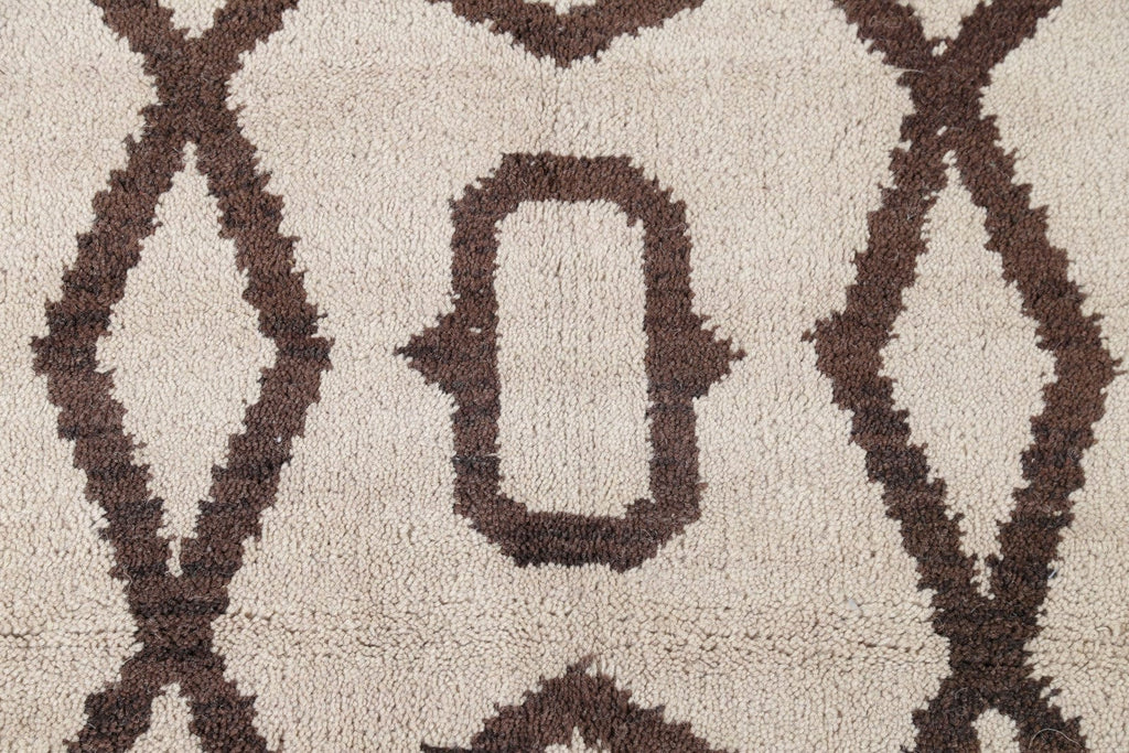 Geometric Moroccan Oriental Hand-Knotted Wool Ivory/Brown Area Rug 9x12