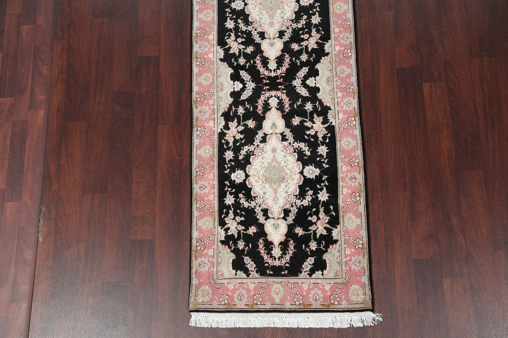 Black Floral Tabriz Persian Runner Rug 3x10