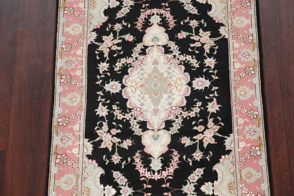 Black Floral Tabriz Persian Runner Rug 3x10