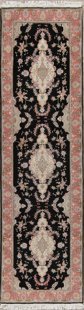 Black Floral Tabriz Persian Runner Rug 3x10