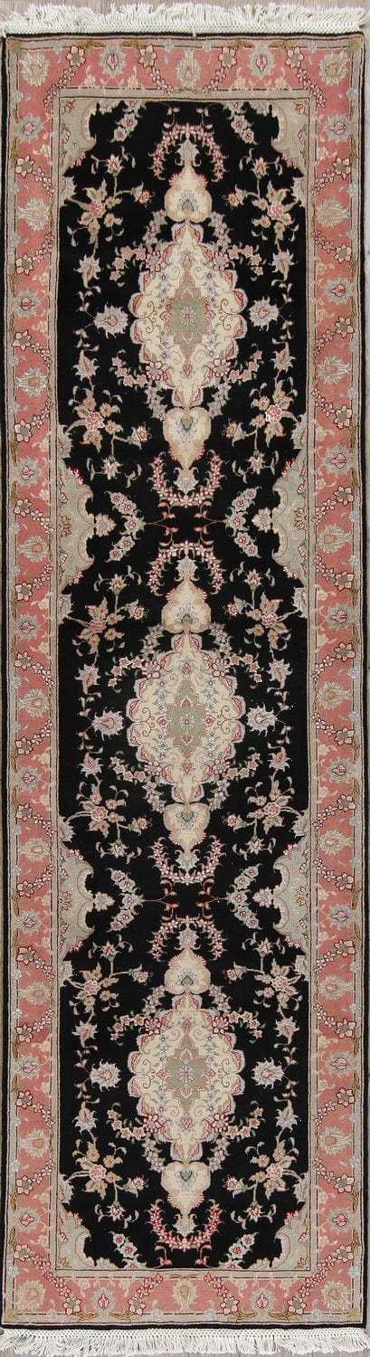 Black Floral Tabriz Persian Runner Rug 3x10