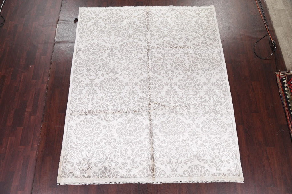 100% Silk Transitional Floral Ivory/Silver Grey Oriental Area Rug 8x10