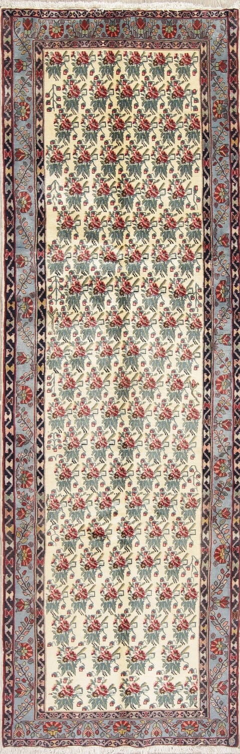 Ivory All-Over Floral Kerman Persian Runner Rug 3x9