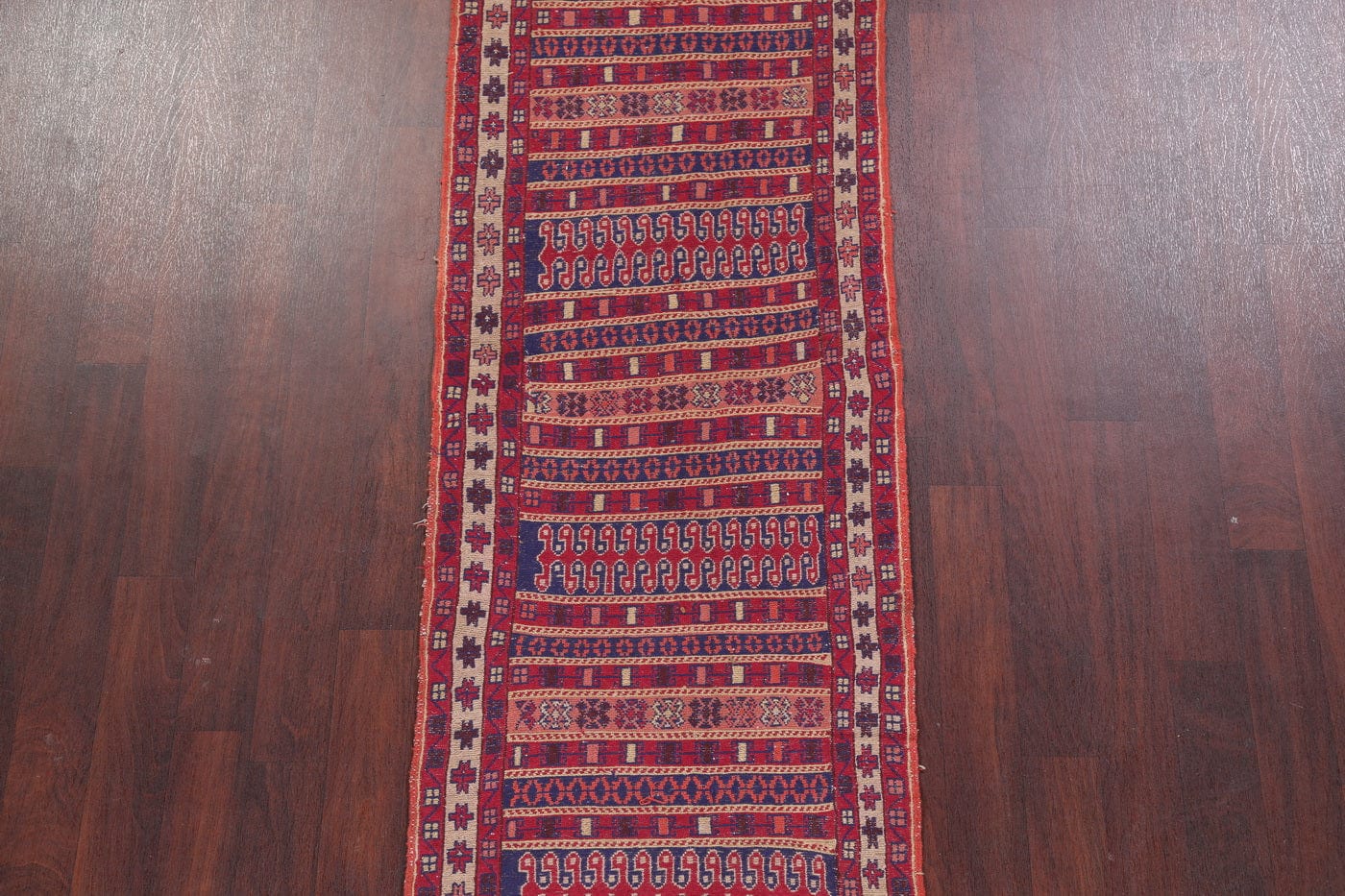 Hand-Woven Red Geometric Kilim Shiraz Persian Runner Wool Rug 3x9