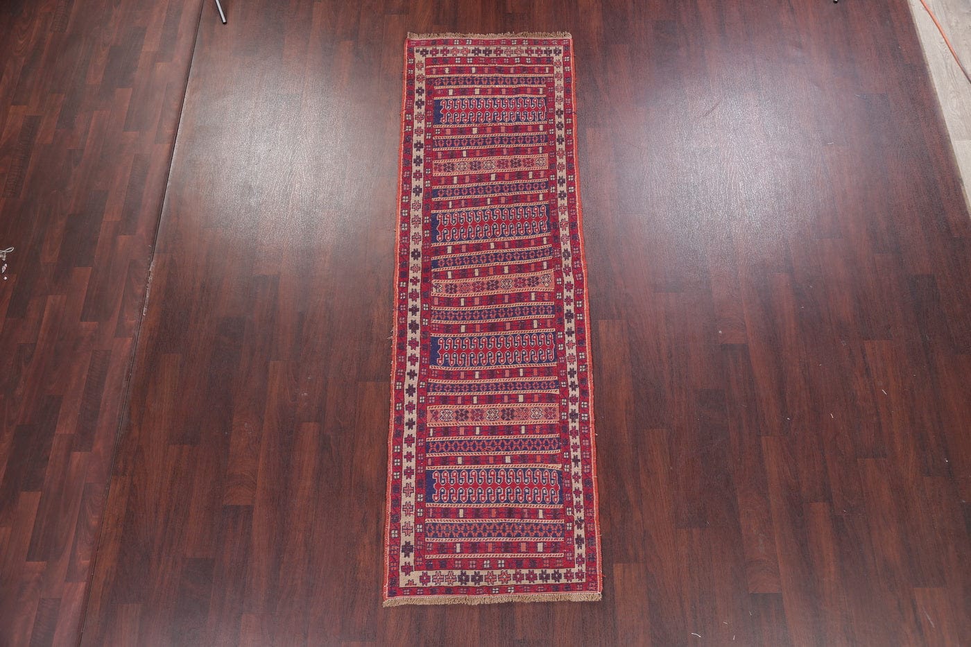 Hand-Woven Red Geometric Kilim Shiraz Persian Runner Wool Rug 3x9