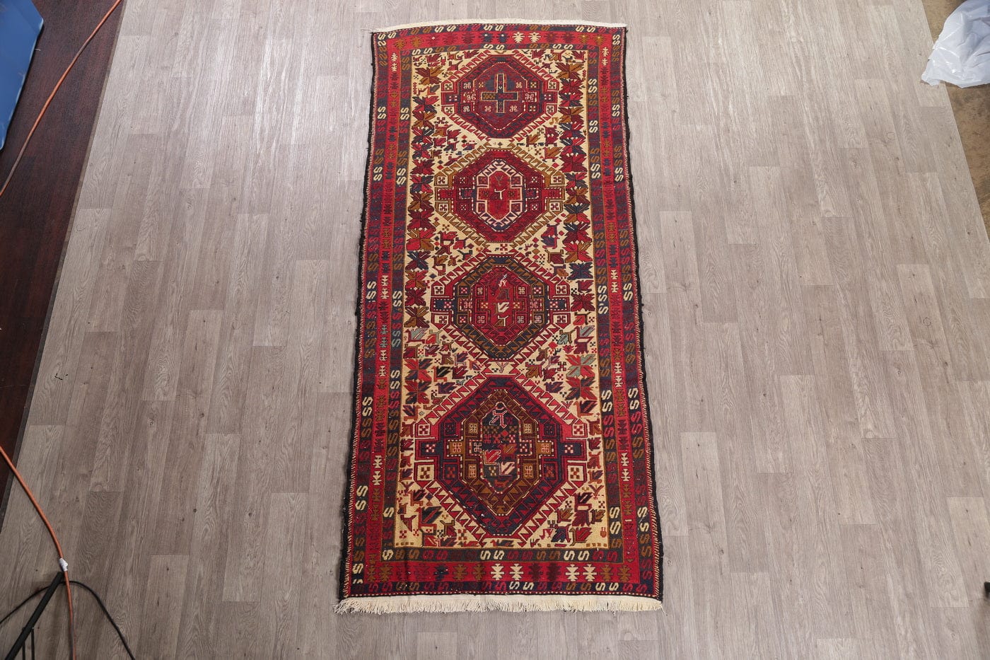 Hand-Woven Geometric Kilim Shiraz Persian Runner Rug Wool 4x9