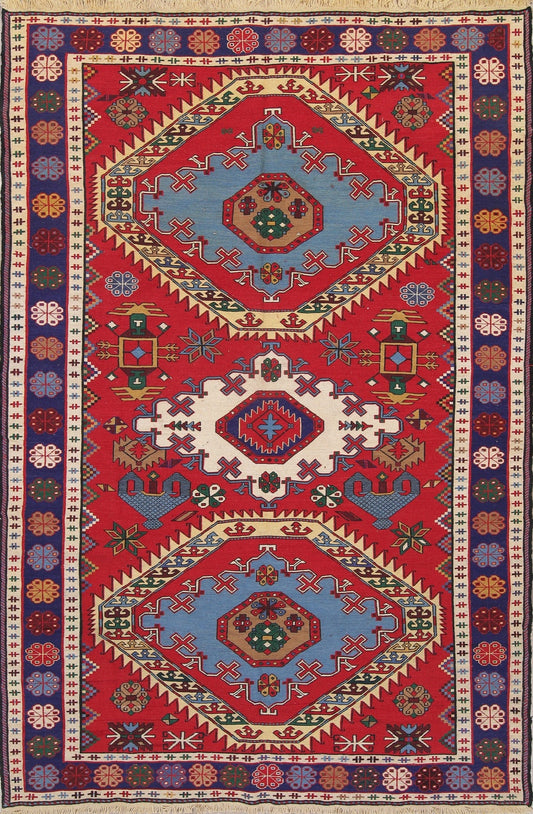 Hand-Woven Red Geometric Kilim Shiraz Persian Area Rug Wool 6x10