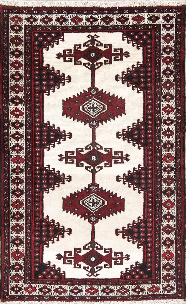 Hand-Knotted Ivory Geometric Bokhara Oriental Wool Rug 3x5