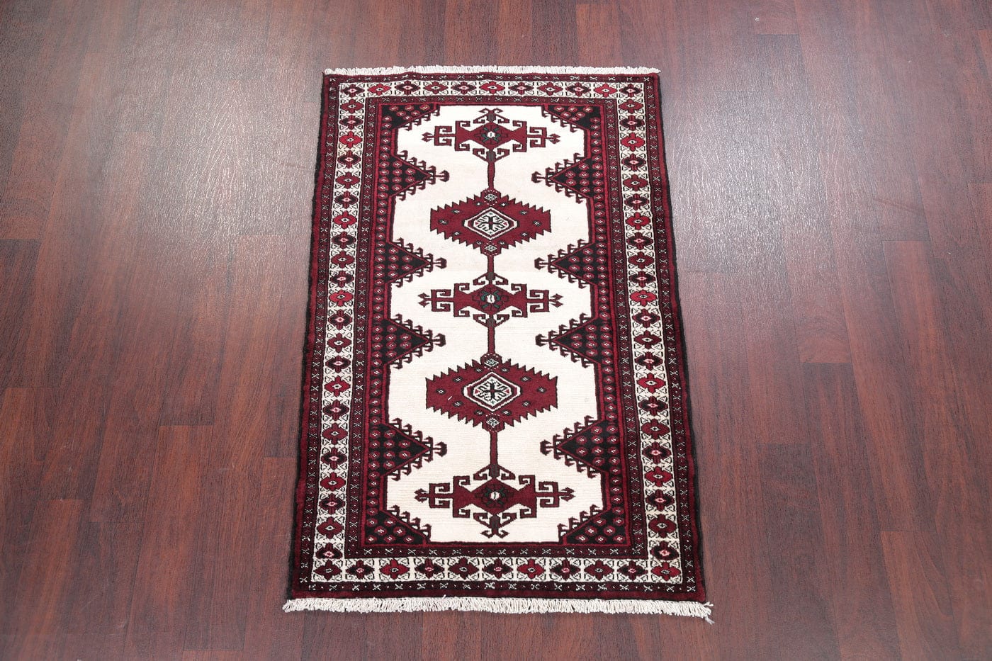 Hand-Knotted Ivory Geometric Bokhara Oriental Wool Rug 3x5