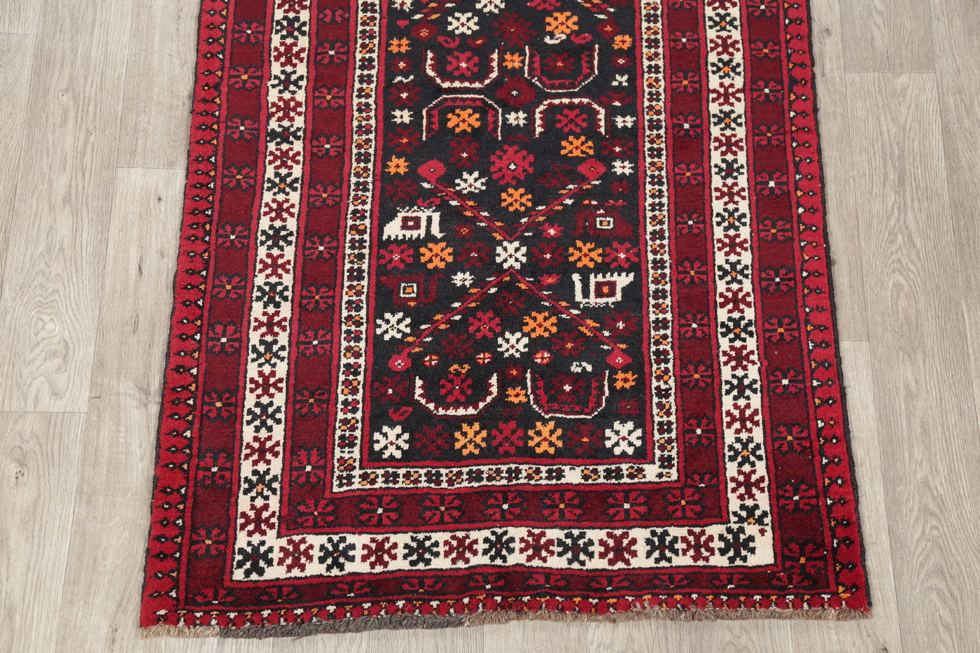 Hand-Knotted Black Geometric Balouch Oriental Area Rug Wool 3x6