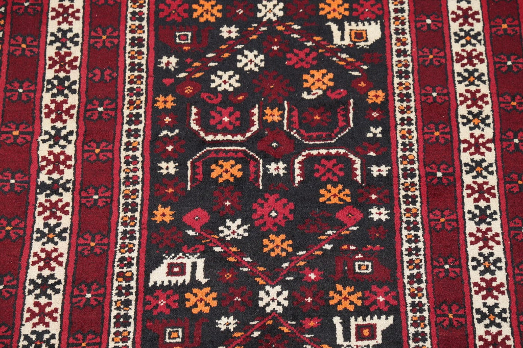 Hand-Knotted Black Geometric Balouch Oriental Area Rug Wool 3x6